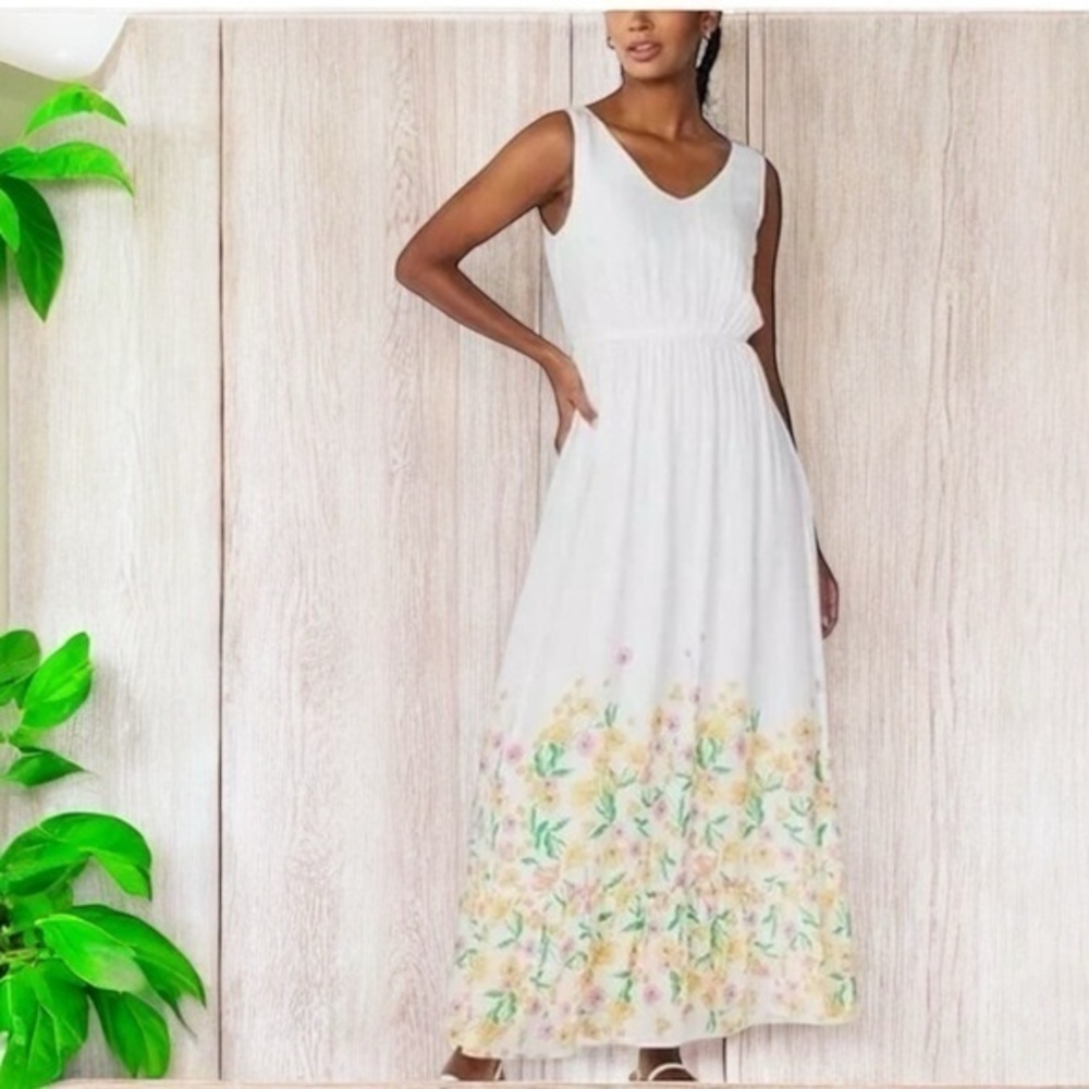 Draper James White Maxi Dress with Pastel Floral Hem